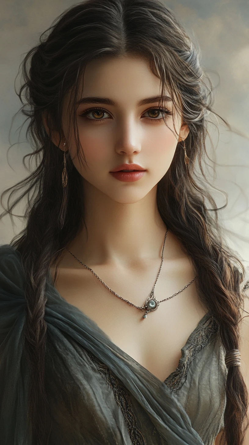 Cold gaze portrait of jeweled woman in fantasy haze