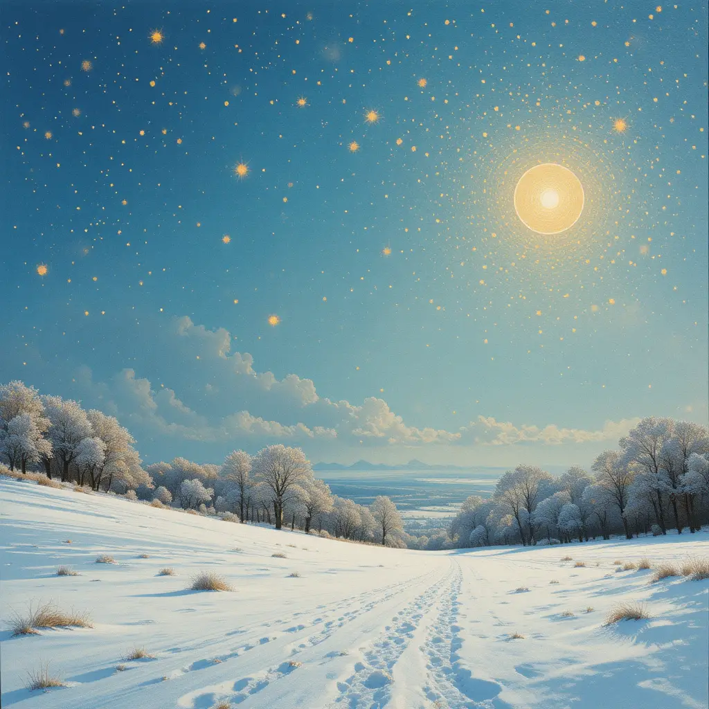 Snowy landscape under blue sky with glittering golden snowflakes