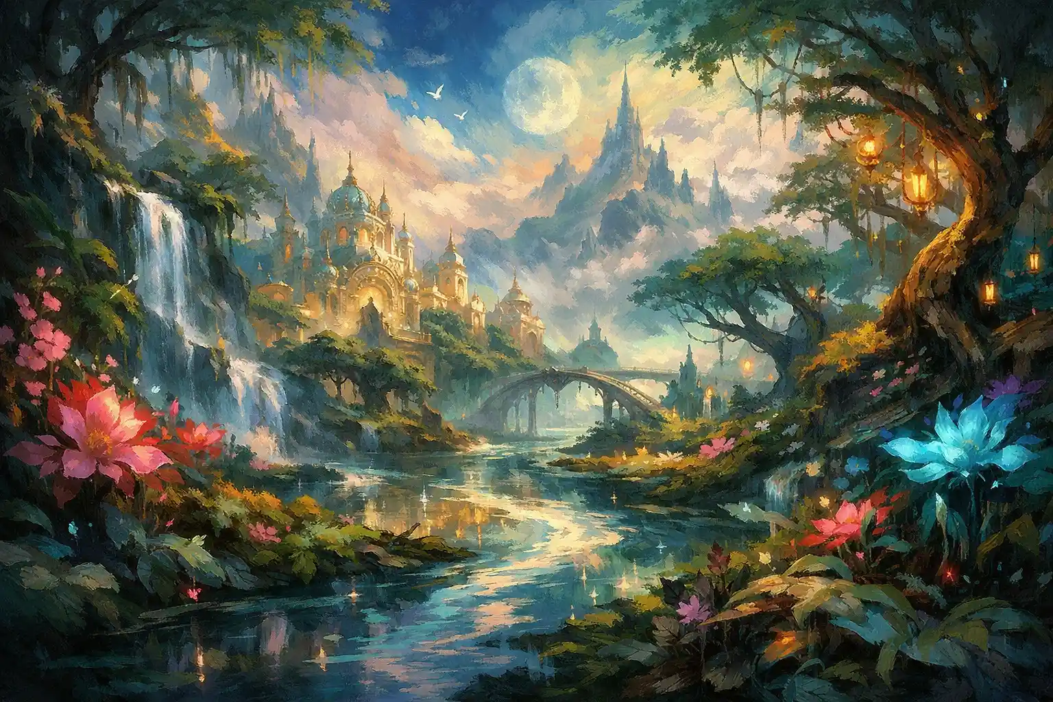 Mystical surreal landscape of foliage and dreamlike structures