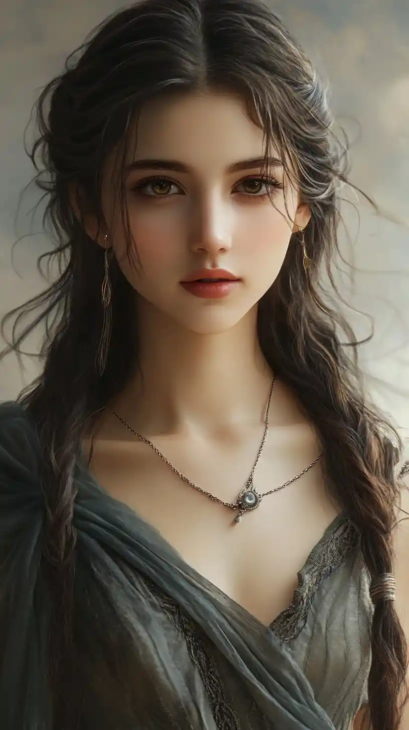 Cold gaze portrait of jeweled woman in fantasy haze