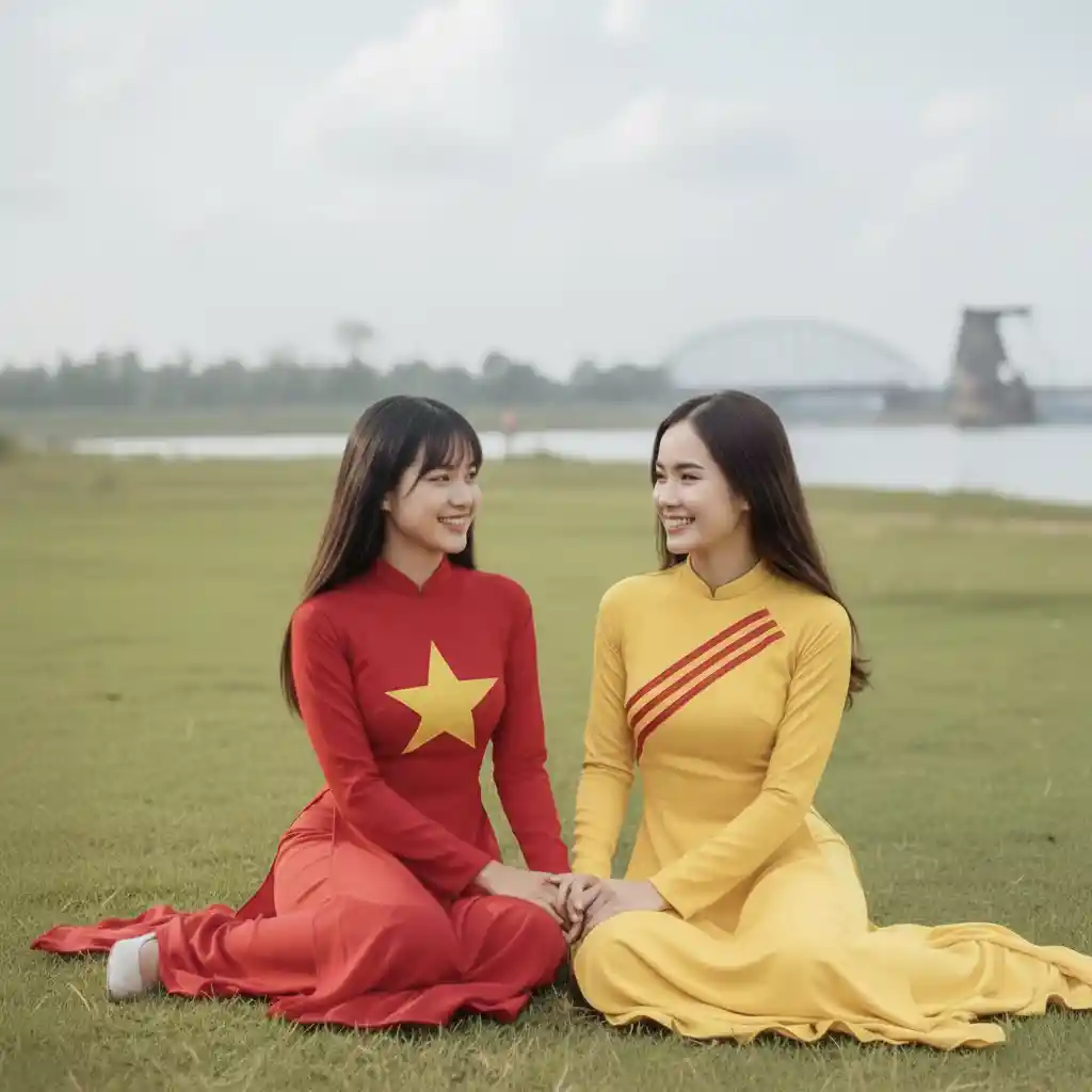 Zwei junge vietnamesische Schwestern im Gespräch auf einer Flusswiese