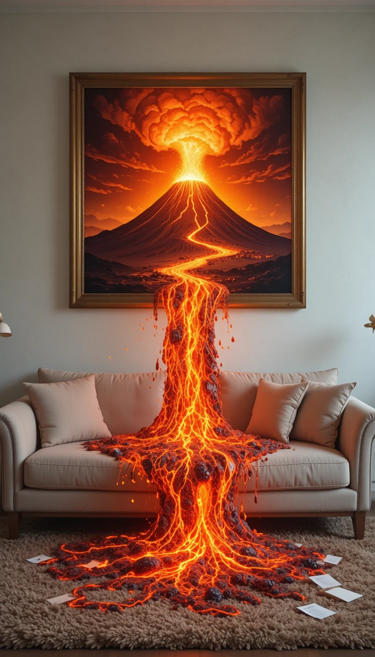 Gemütliches Wohnzimmer von surreal fließender Lava verwandelt