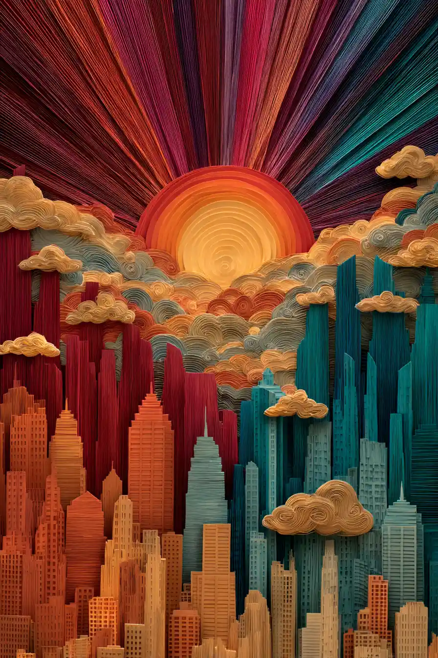 Papercut fantasy city with gemstone colors and radiant sun