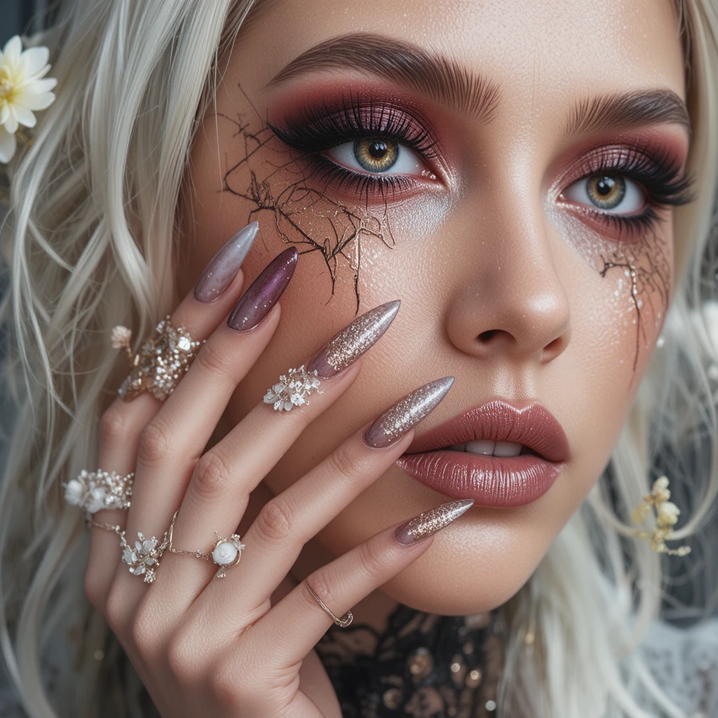 Glitchy glam nail art with bold mismatched designs