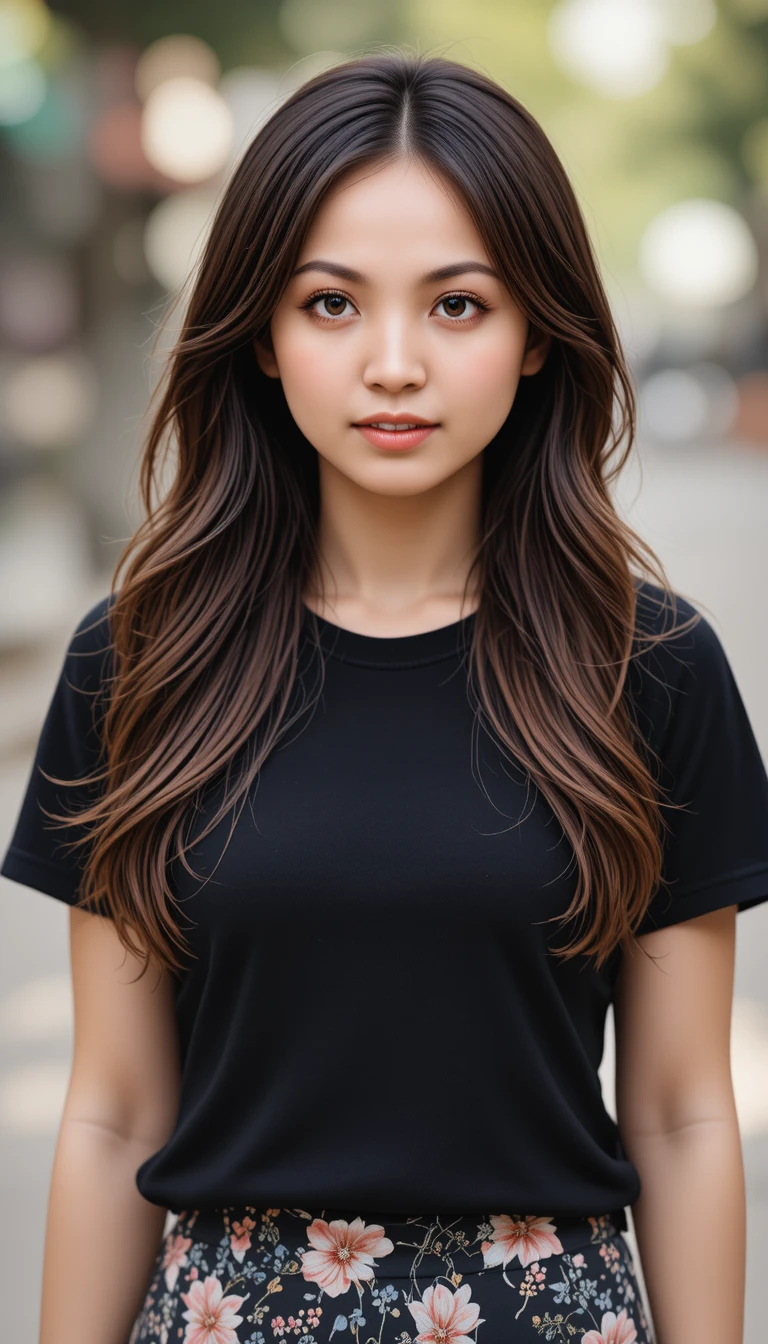 Smiling girl in black shirt and floral shorts outdoors