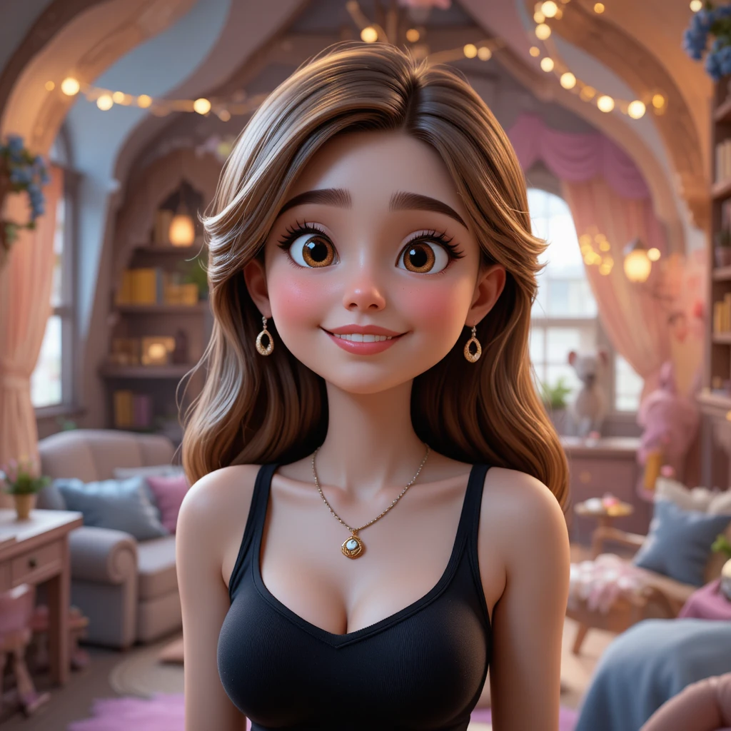 Warm 3D girl in a cozy magical storybook room