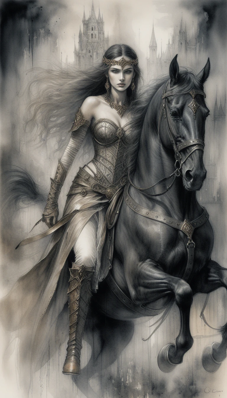 Regina guerriera dark fantasy su un cavallo da guerra nero