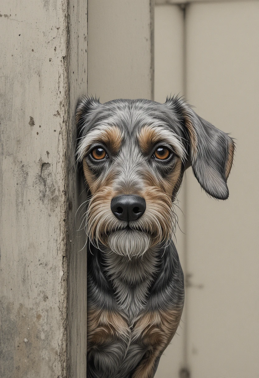 Shy wirehaired dachshund peeking out from behind wall