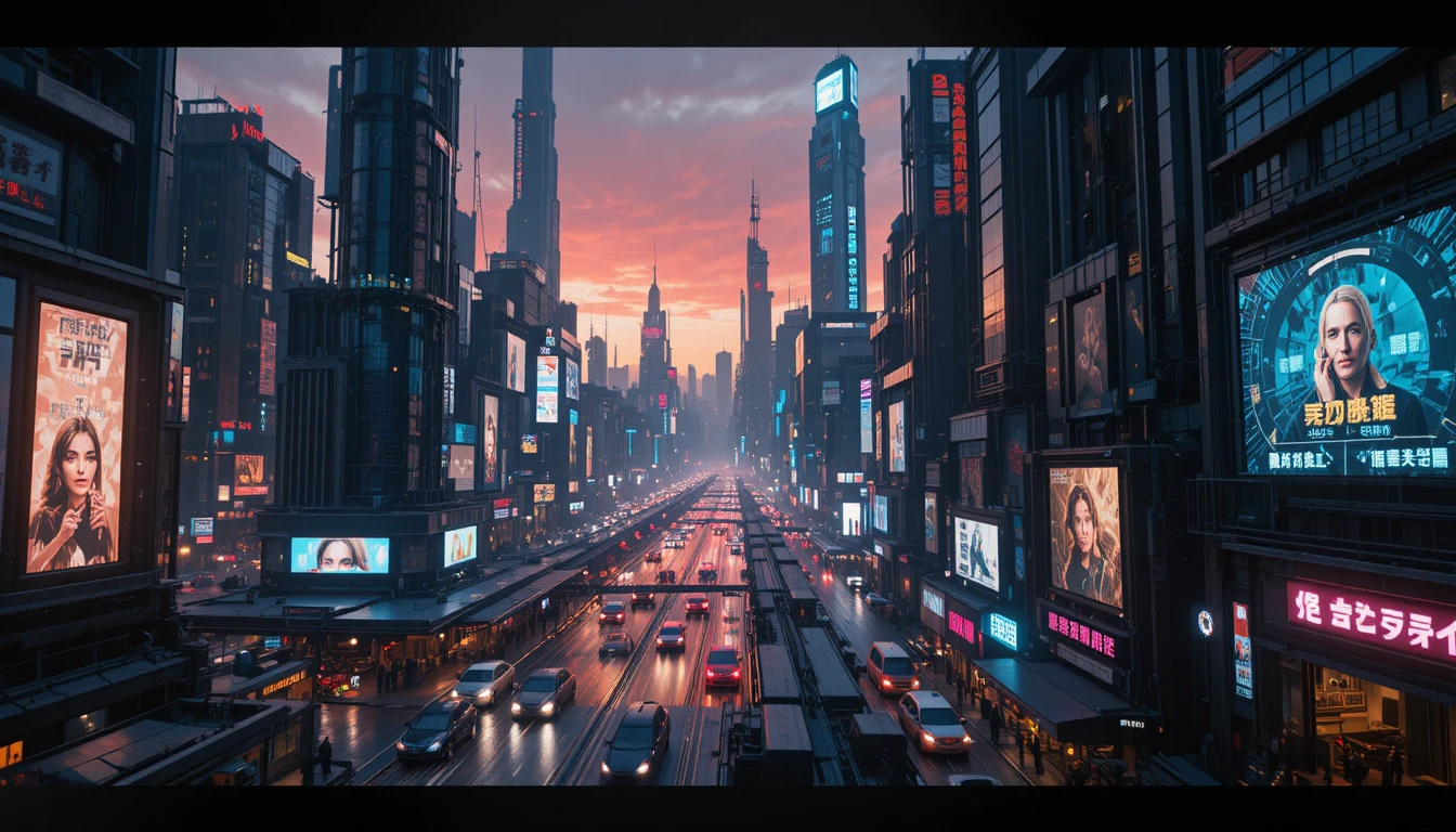 Futuristic neon city skyline at dusk from above