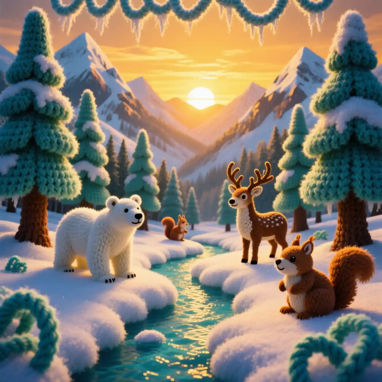 Gestrickte Tiere in einer verschneiten Berglandschaft bei Sonnenuntergang