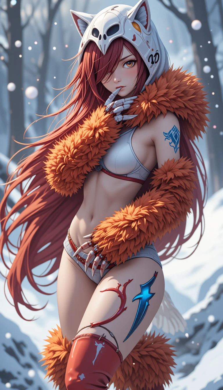 Guerrière louve d’anime aux cheveux cramoisis dans la neige