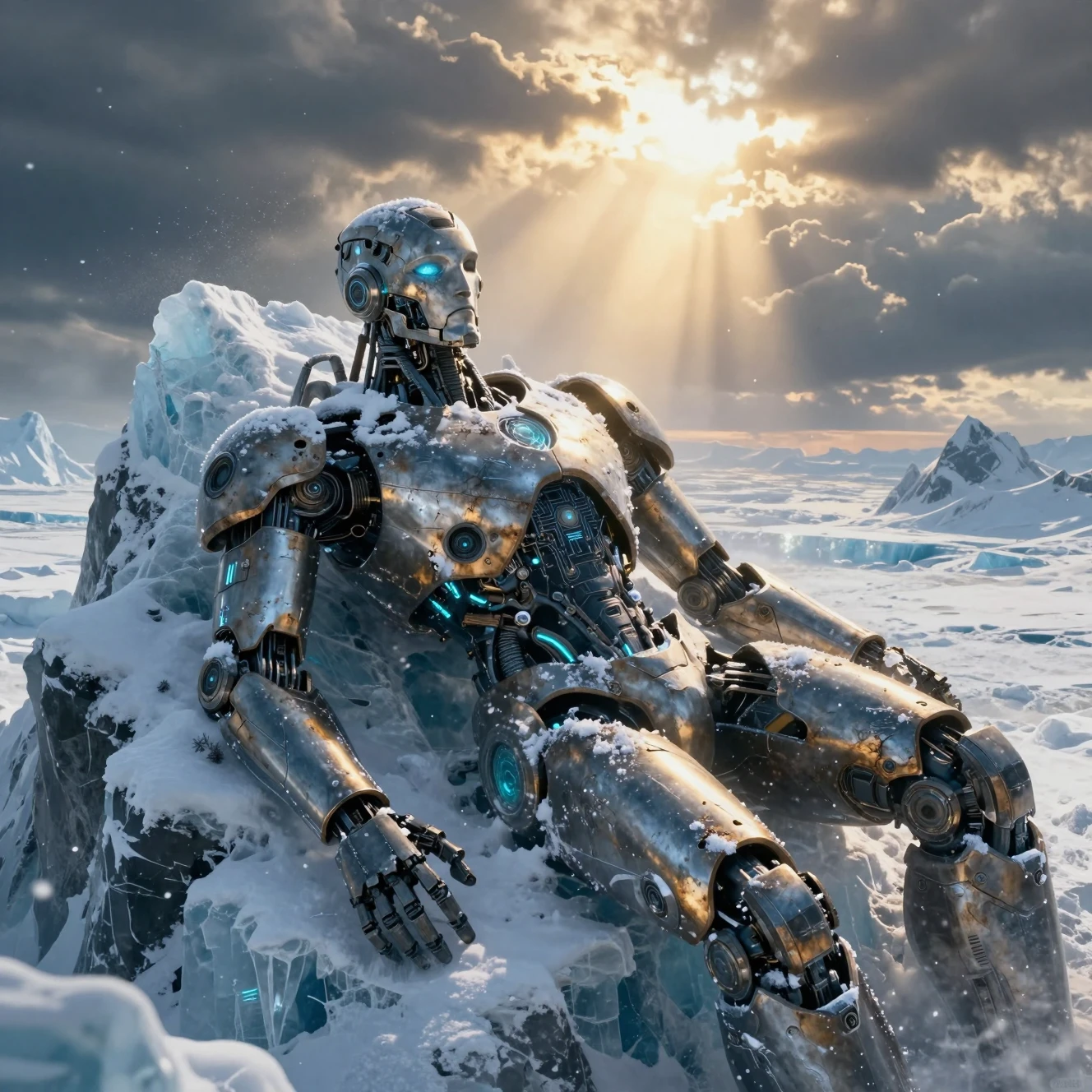 Antiguo robot cibernético descansando en la cima de una montaña helada