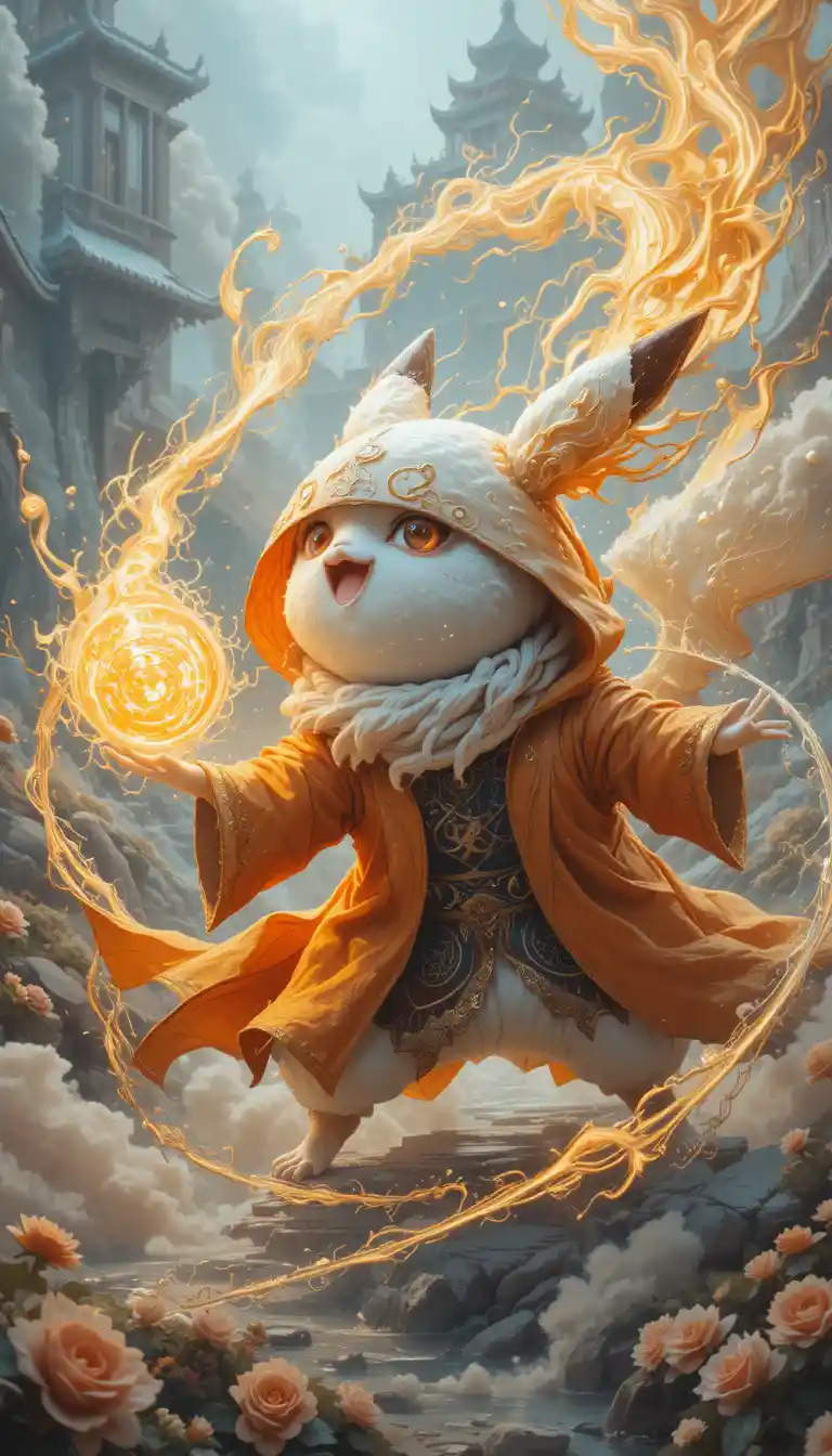 Hooded spirit creature before a white fairy tale palace