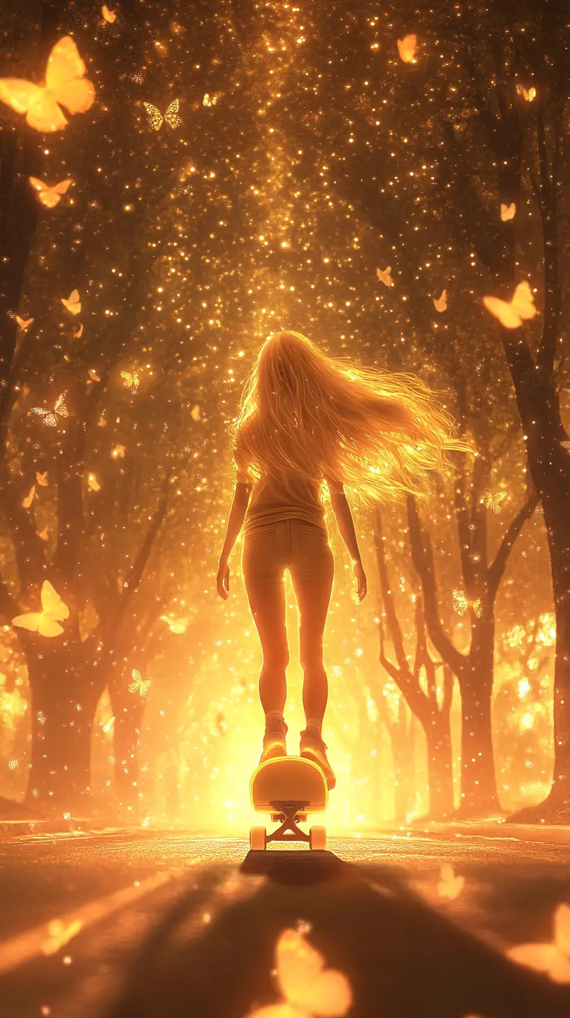 Young woman skating freely down a glowing city street