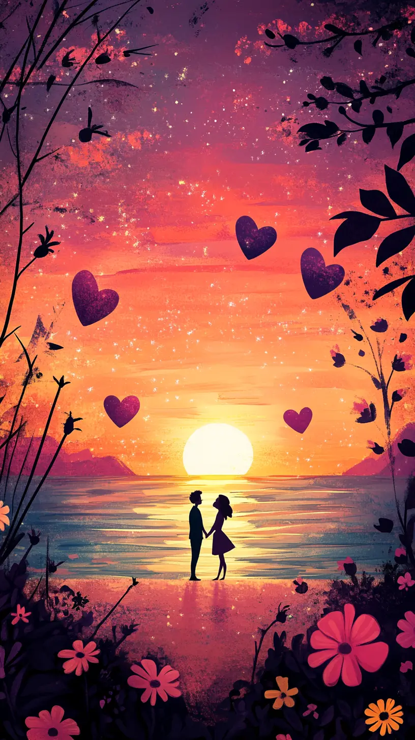 Tiny couple on beach at sunset with hearts and flowers