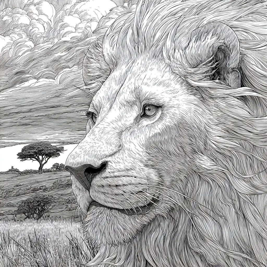 Intricate Line Art Portrait Of A Majestic Lion