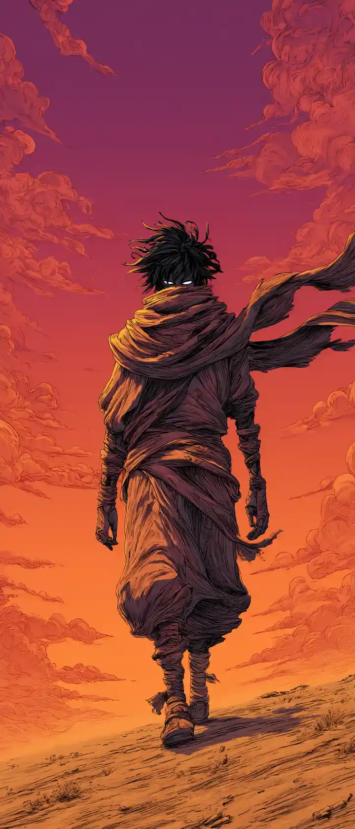 Man walking through a desolate desert at twilight