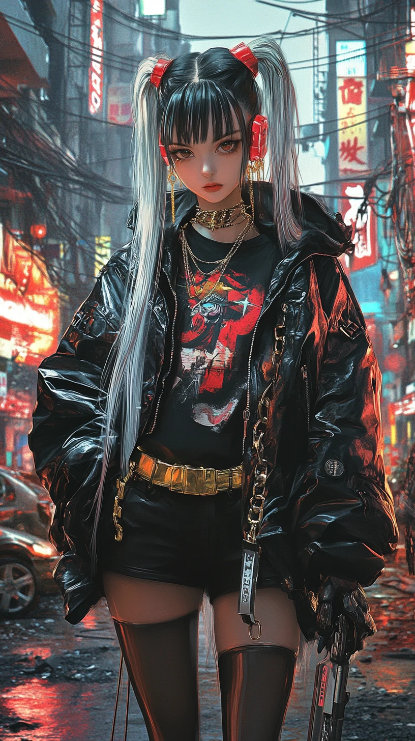 Ragazza anime che cammina tra rovine al neon in una città oscura