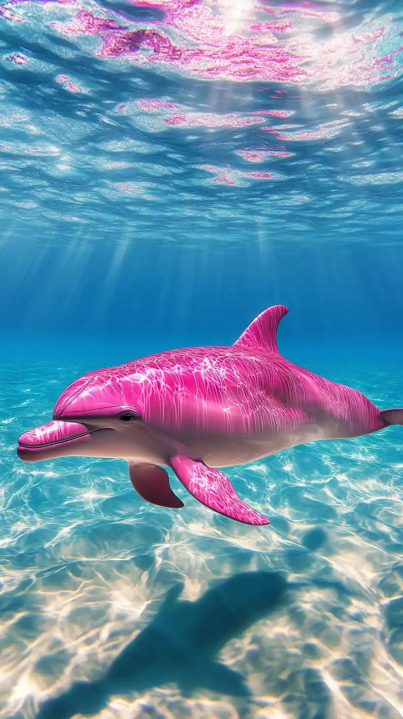 Pink dolphin swimming in clear tropical ocean water