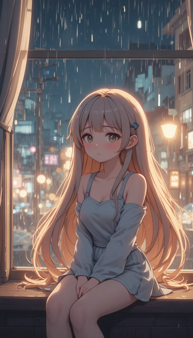 Ragazza anime triste seduta alla finestra in una notte di pioggia