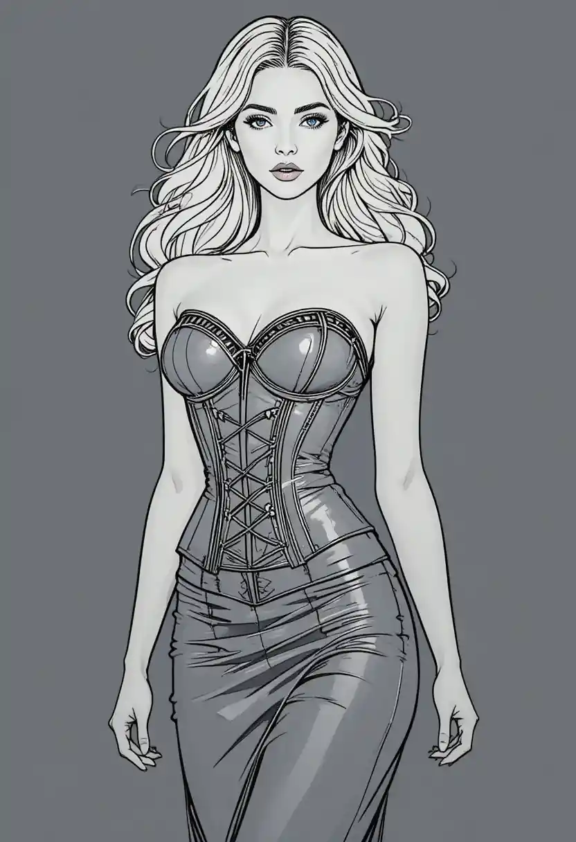 Femme élégante en corset de cuir – dessin au trait Art nouveau