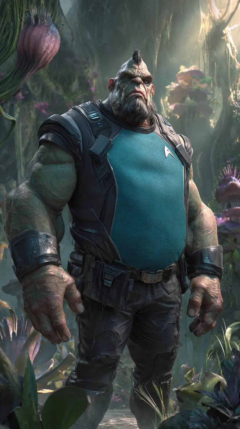 Muscular starship commander on an alien world