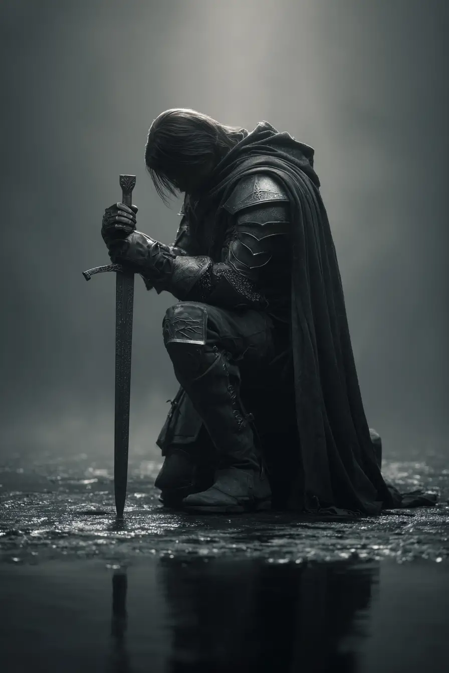 Warrior Kneeling In Moonlit Fog Before The Battle