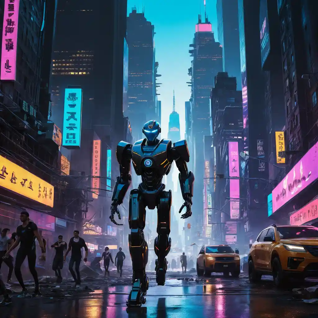 Chico adolescente corriendo por calle neón en ciudad cyberpunk