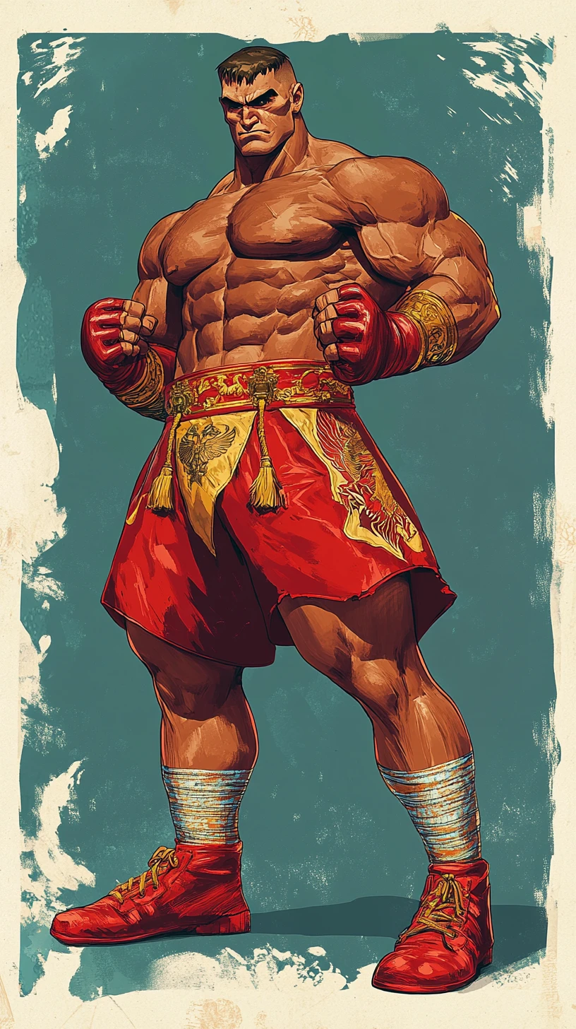 Enormous Russian wrestler in anime street fighting stance