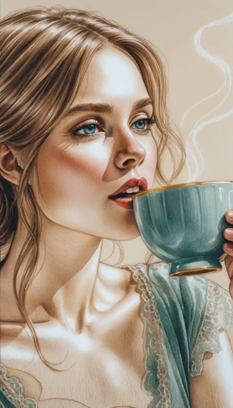 Elegant woman with tea by a sunlit window drawing