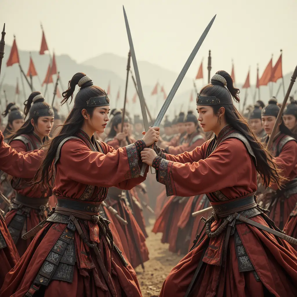 Femmes guerrières chinoises antiques affrontant des soldats hommes