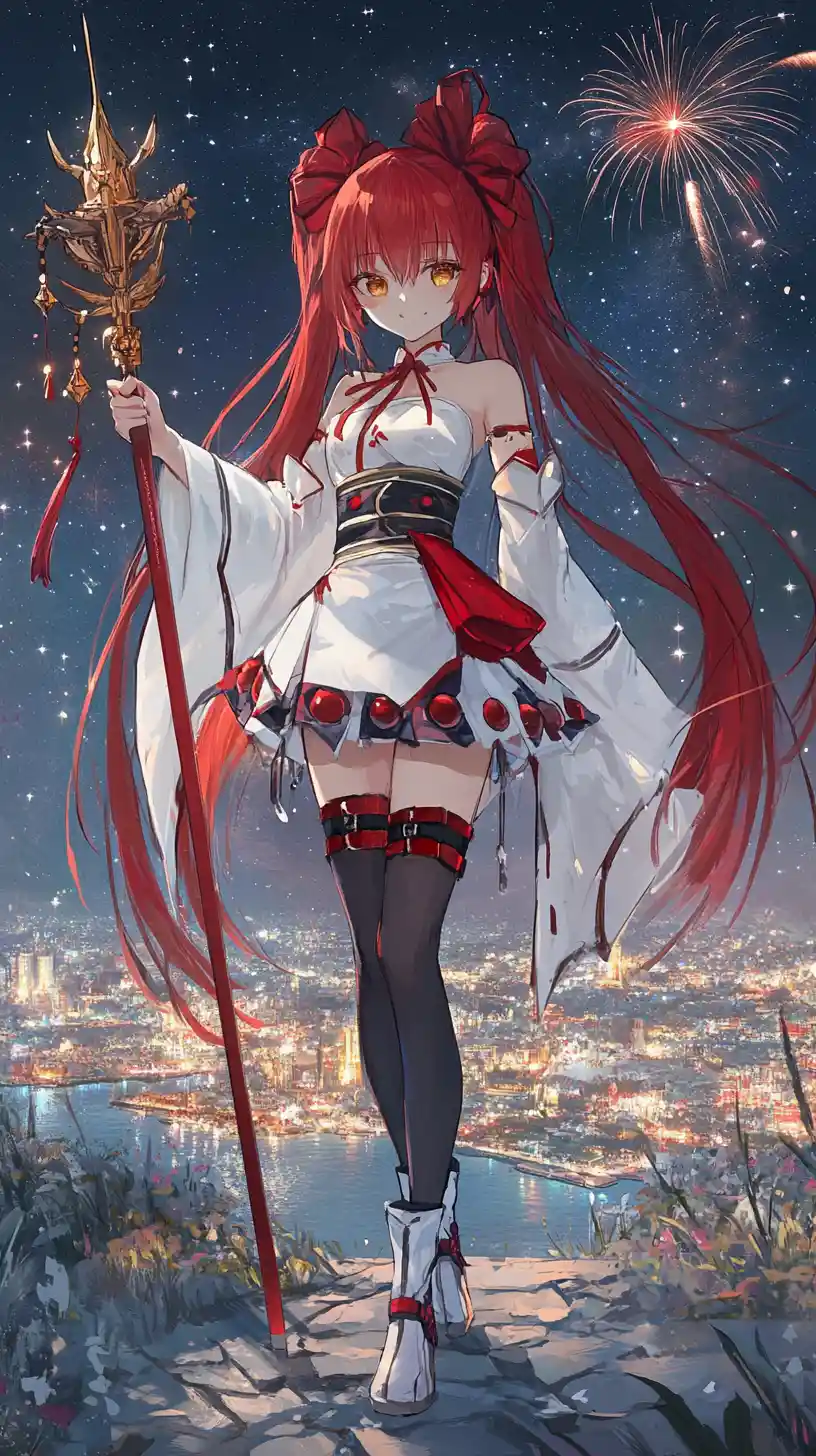 Anime girl in white dress watching distant city fireworks