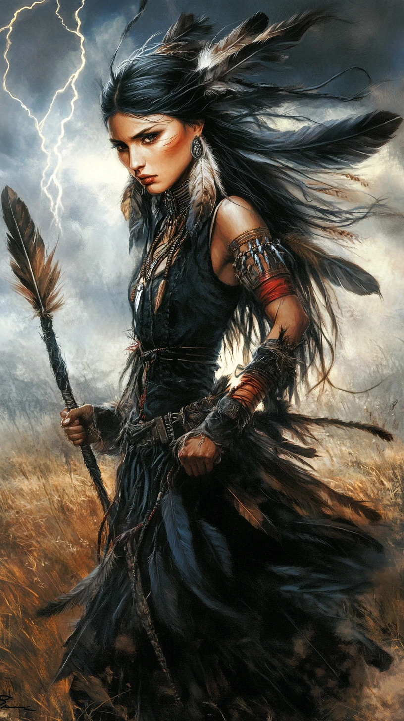 Fierce native warrior woman on a storm swept prairie