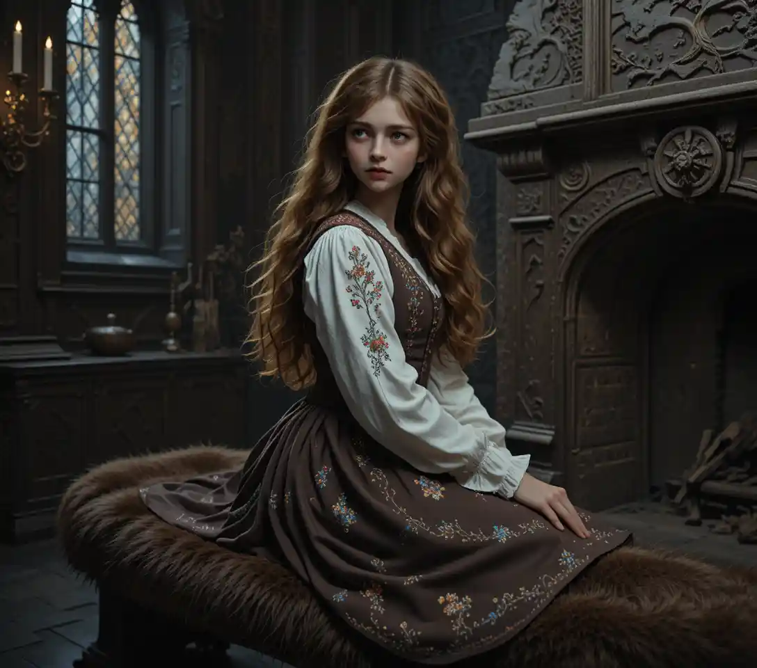 Young girl in a dark gothic palace room by firelight