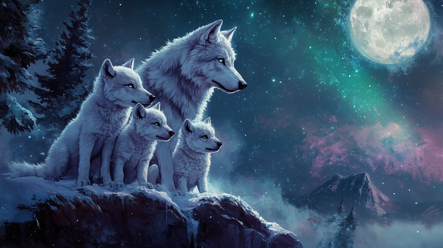 Aquarell-Wolffamilie, die auf einem verschneiten mondbeschienenen Grat kuschelt