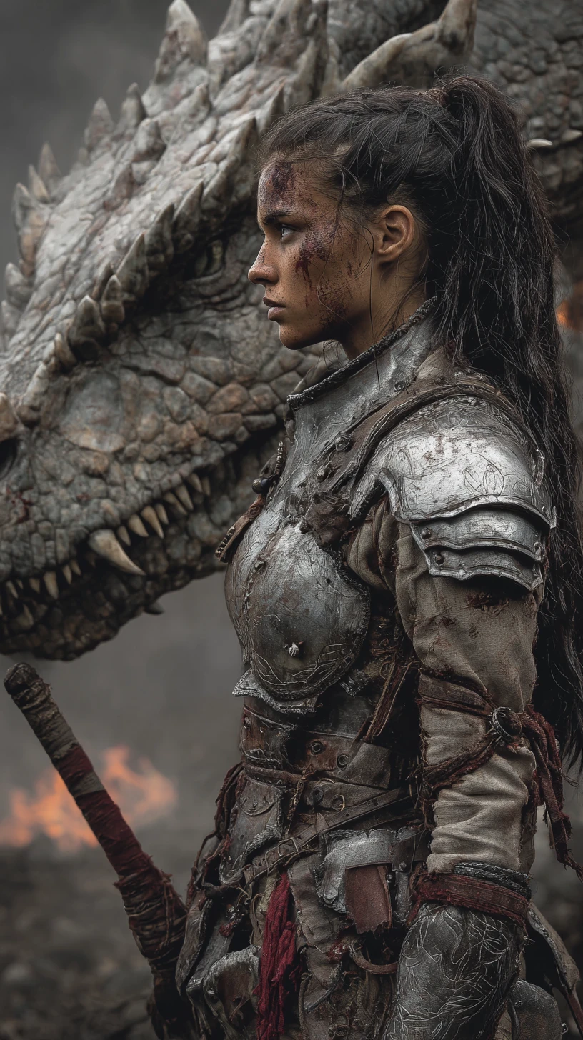Battle hardened warrior woman in fiery apocalyptic ruins
