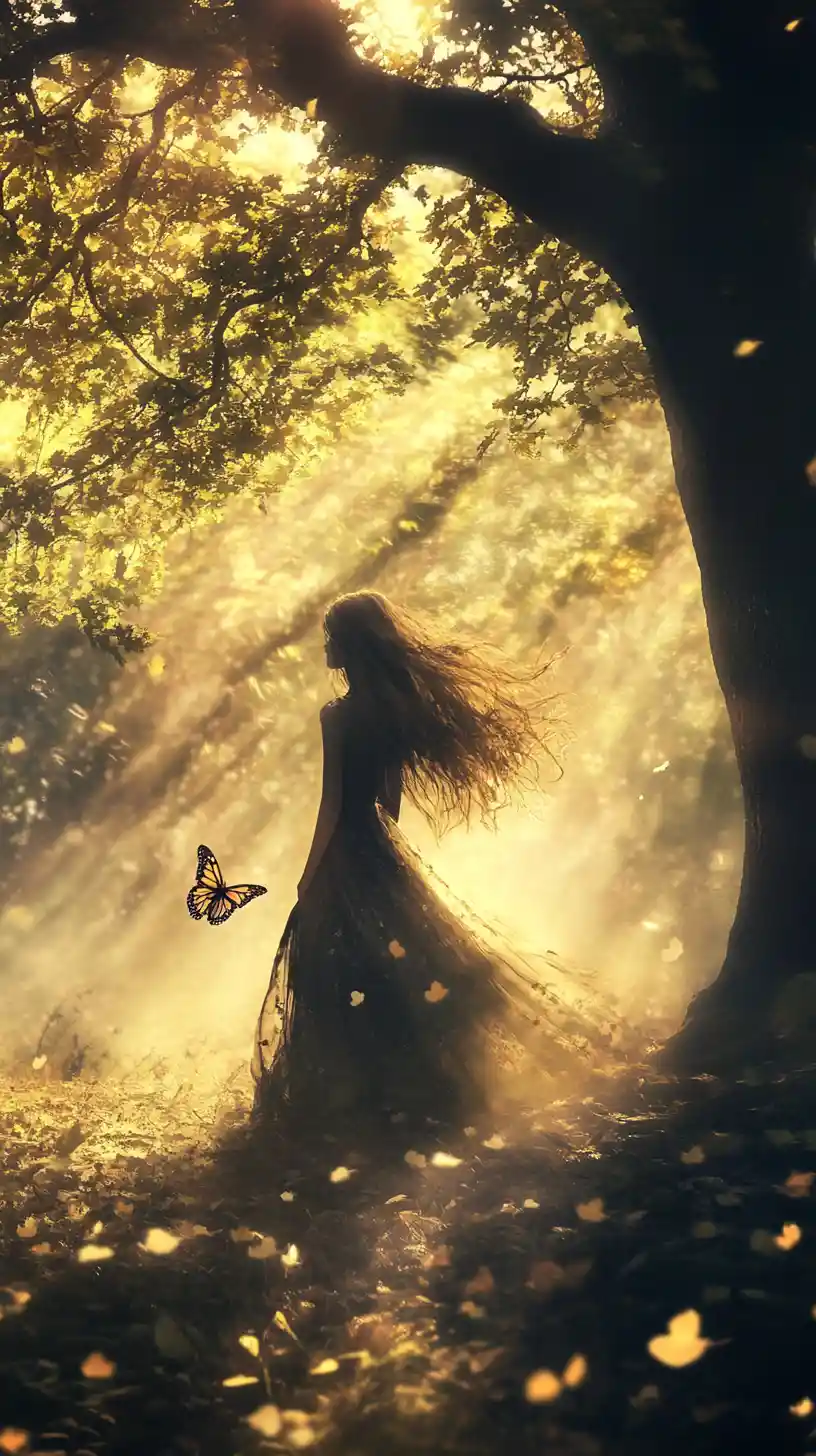 Tiny forest fairy beside an ancient tree spirit