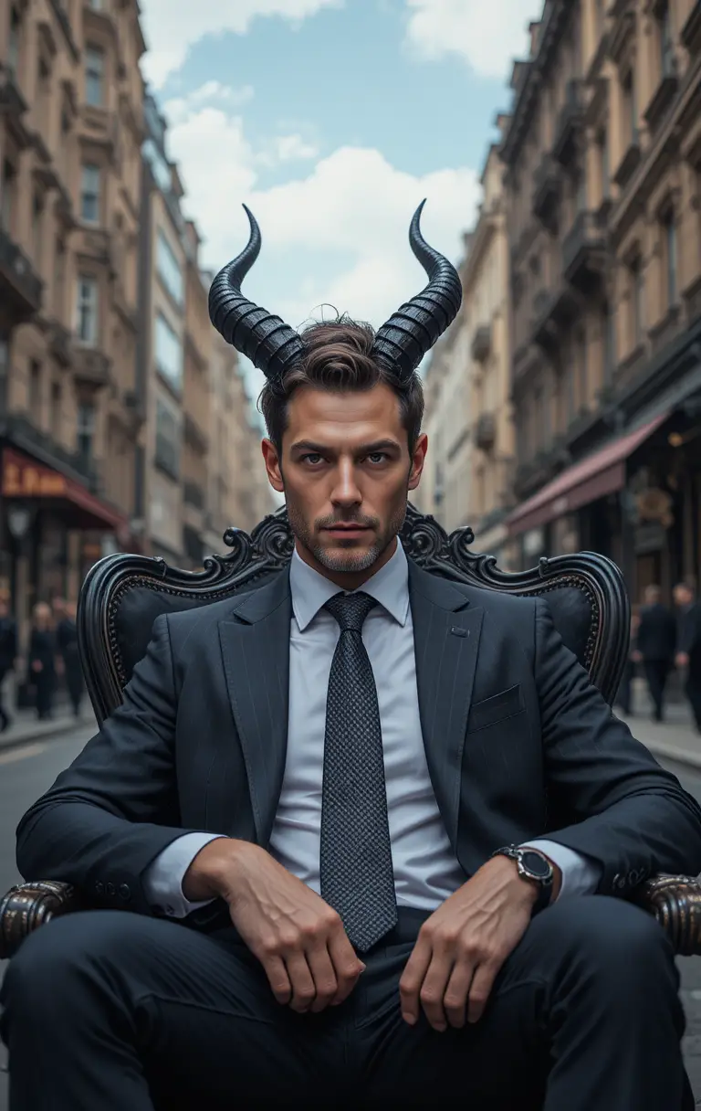 Horned businessman seated in a luxurious chair on victorian street