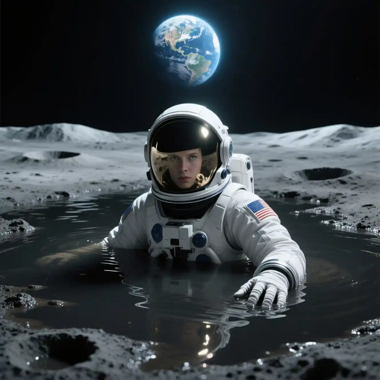 Astronauta in piedi nel fango lunare scuro con la Terra sopra