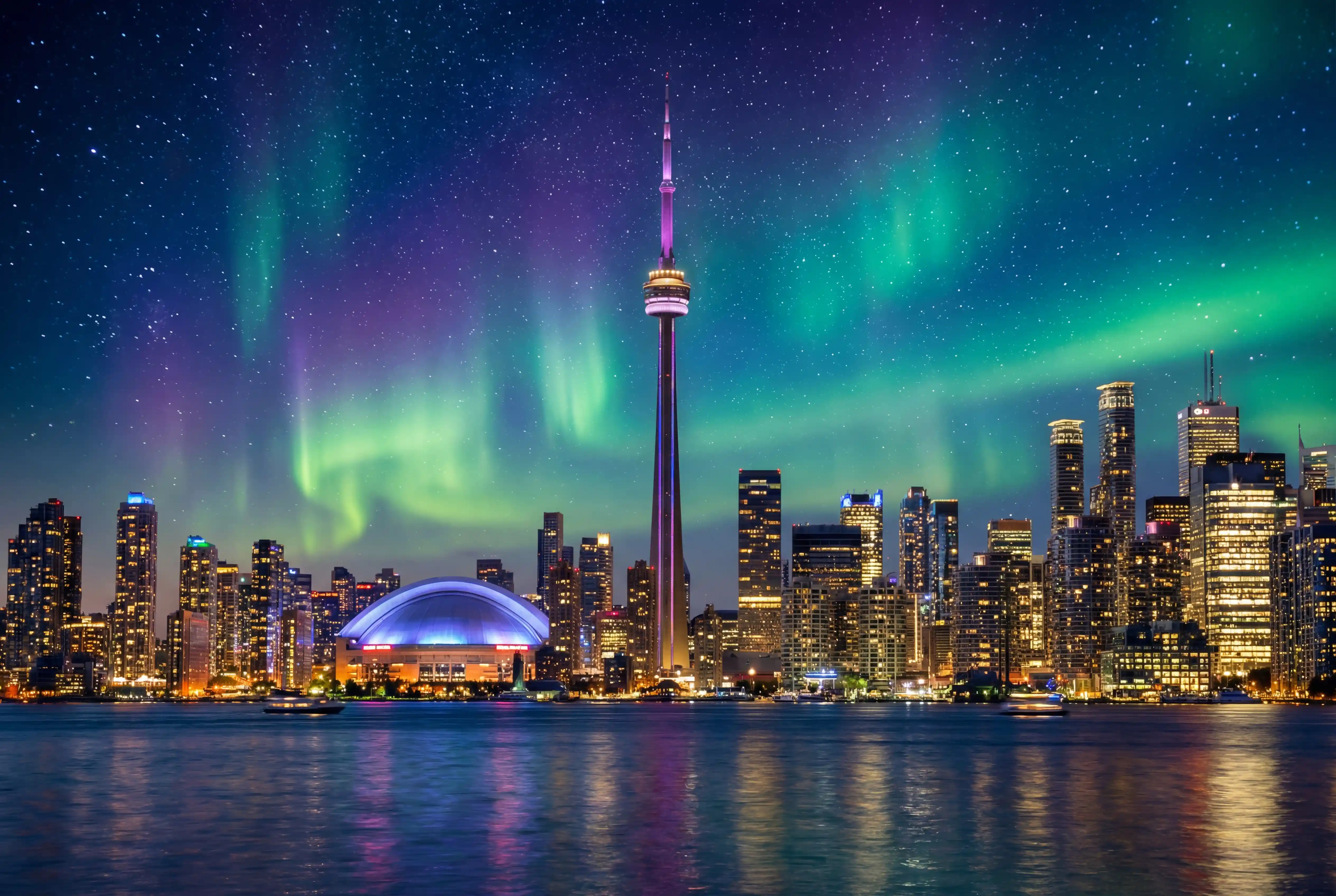 Panorama nocturno de Toronto bajo brillantes auroras boreales