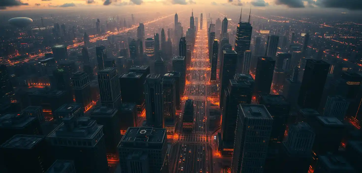 Futuristic dystopian megacity skyline at golden hour
