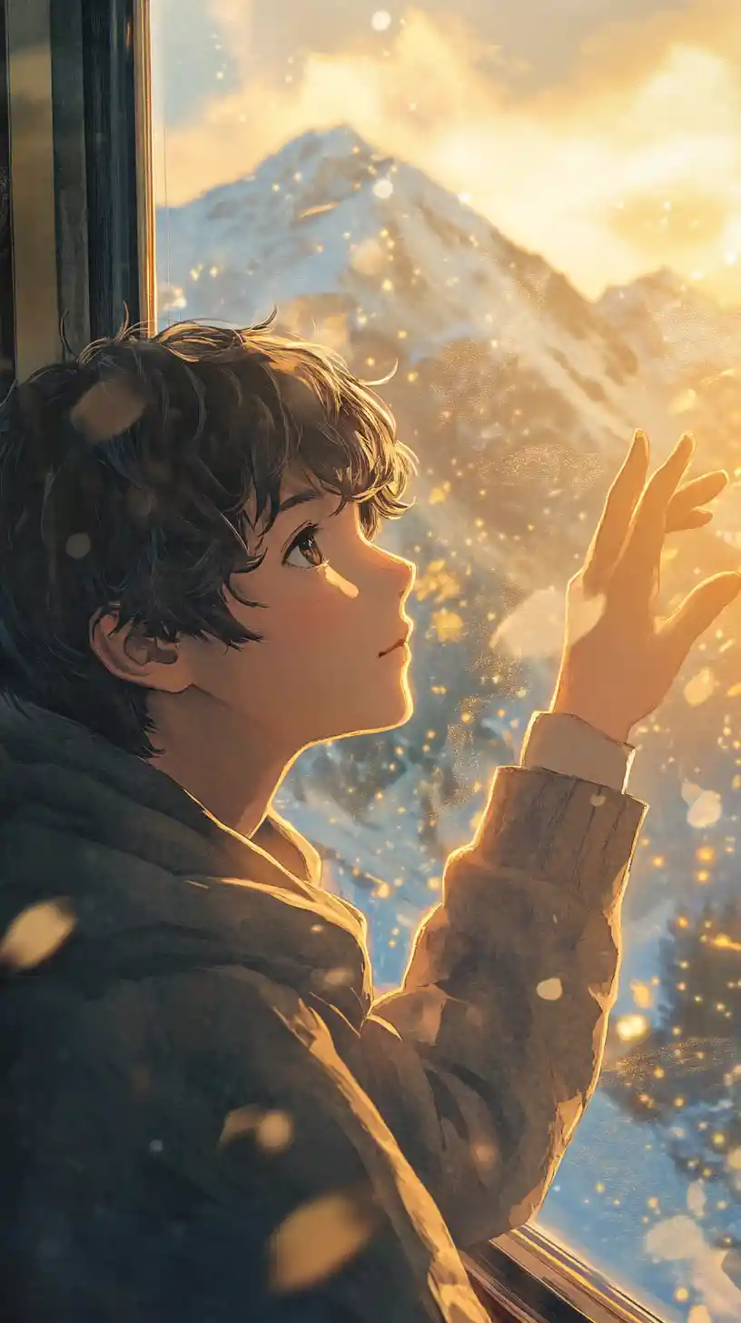 Teenage boy reaching for sunlight on snowy mountain