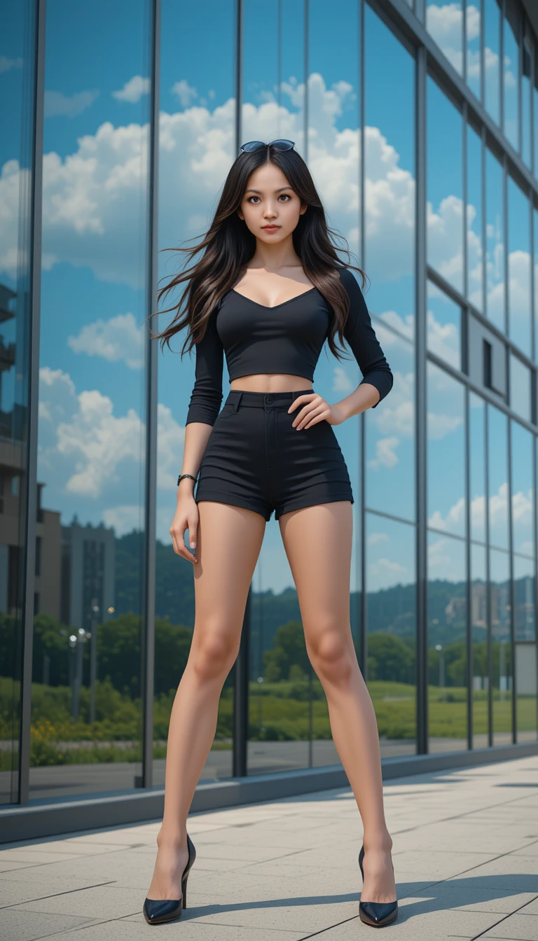 玻璃大樓前身穿黑色服裝的自信年輕女性