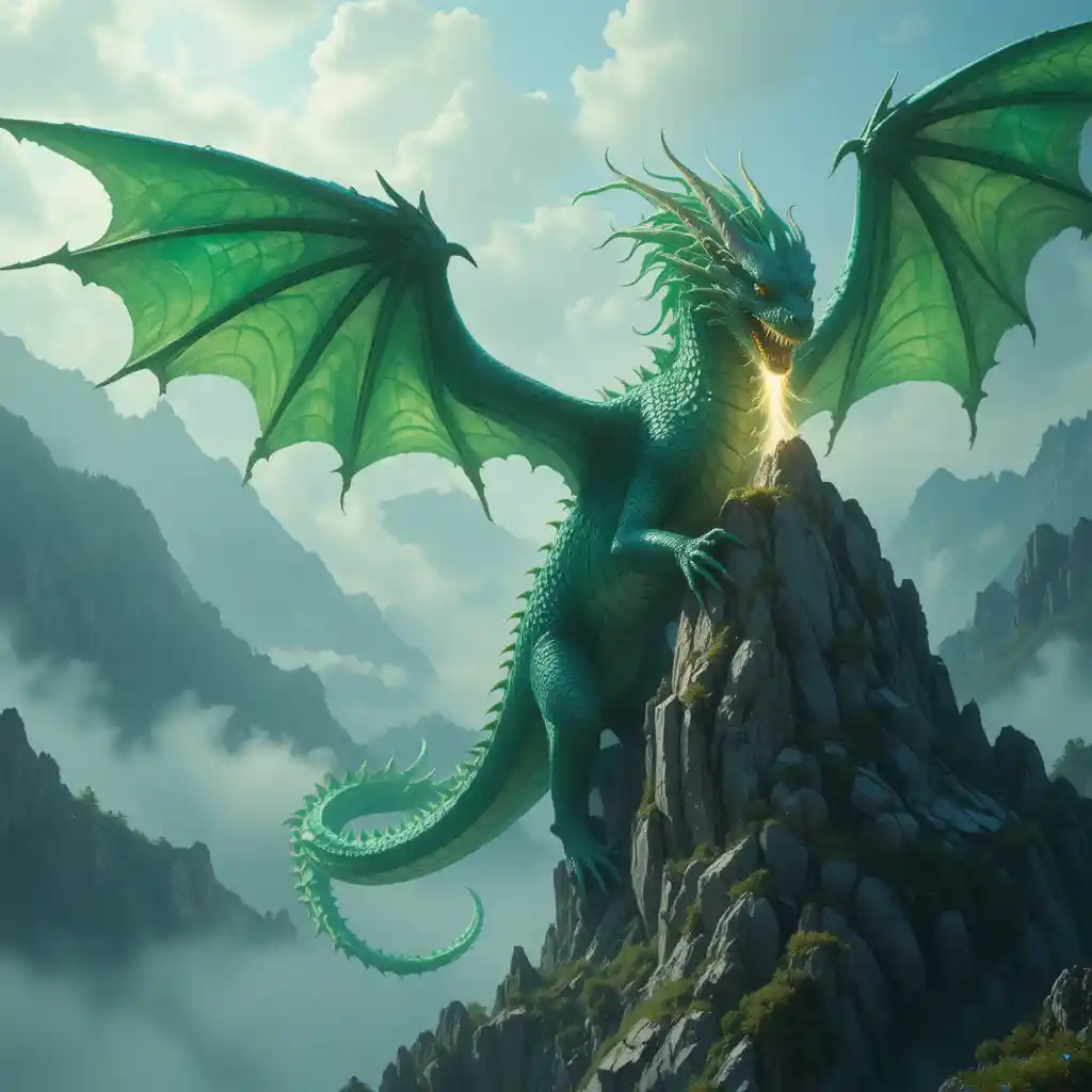 Majestic green dragon clutching a misty mountain peak