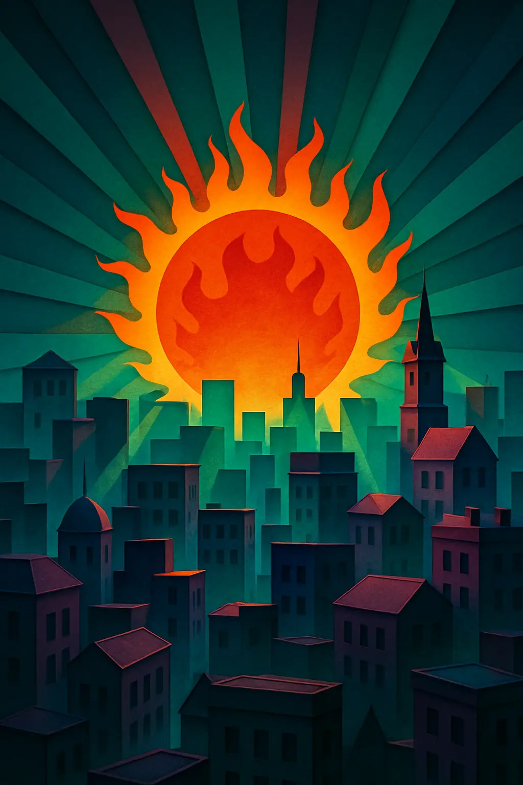 Città fantasy in paper cut sotto un sole ardente dai colori di gemma