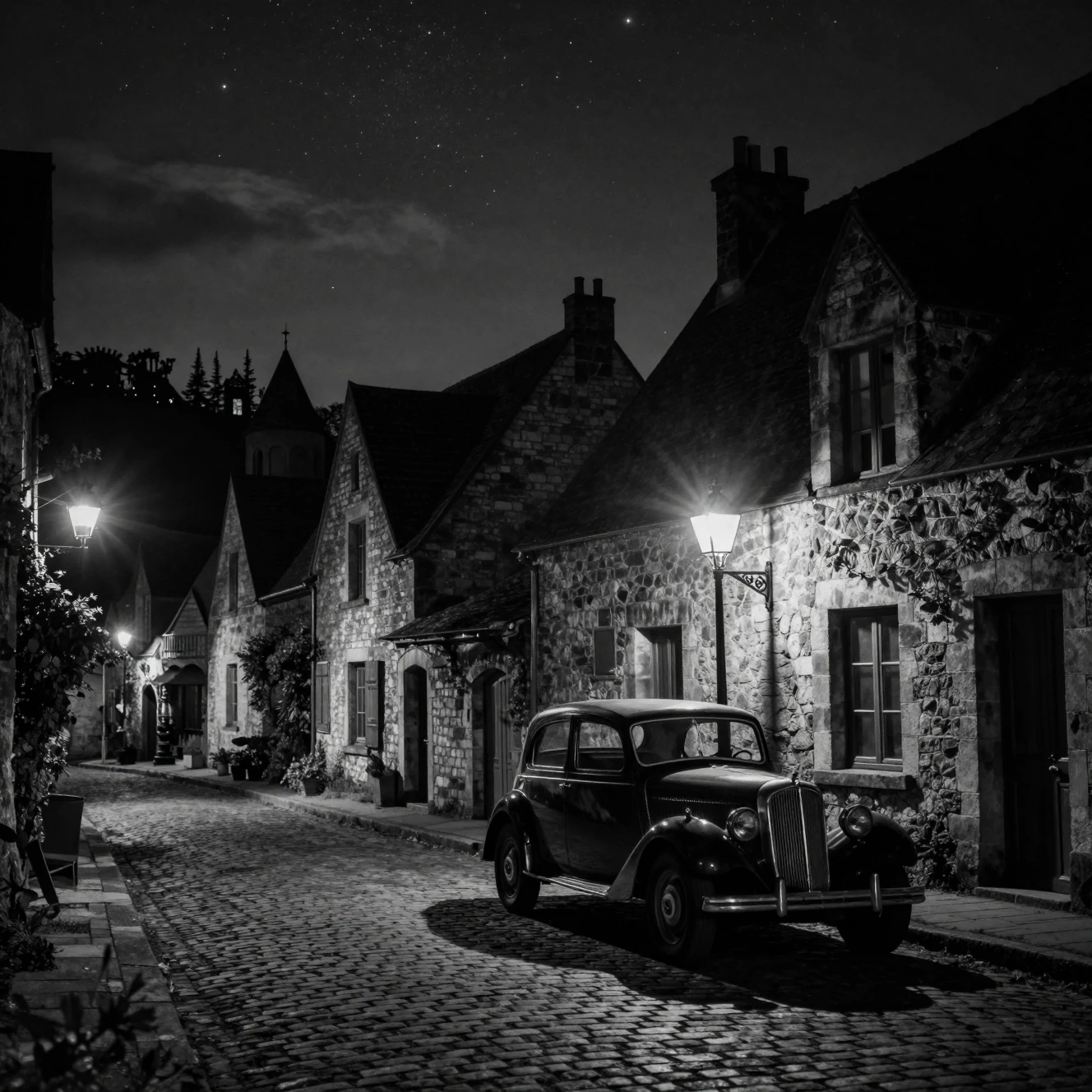 Strada di un villaggio francese al chiaro di luna con un’auto d’epoca solitaria