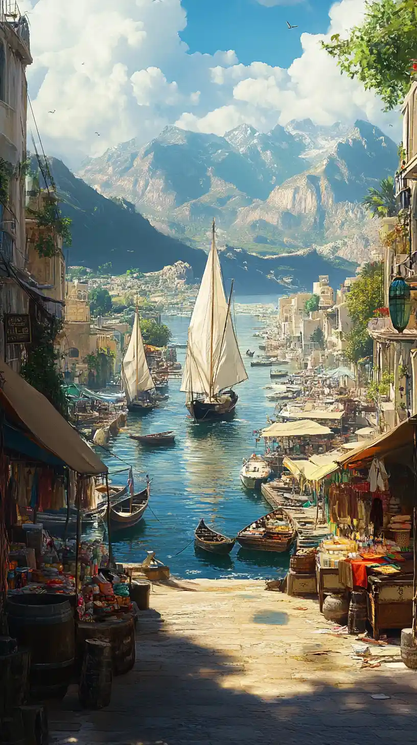 Scène de rue animée style anime dans une ville arabe avec des bateaux sur le canal