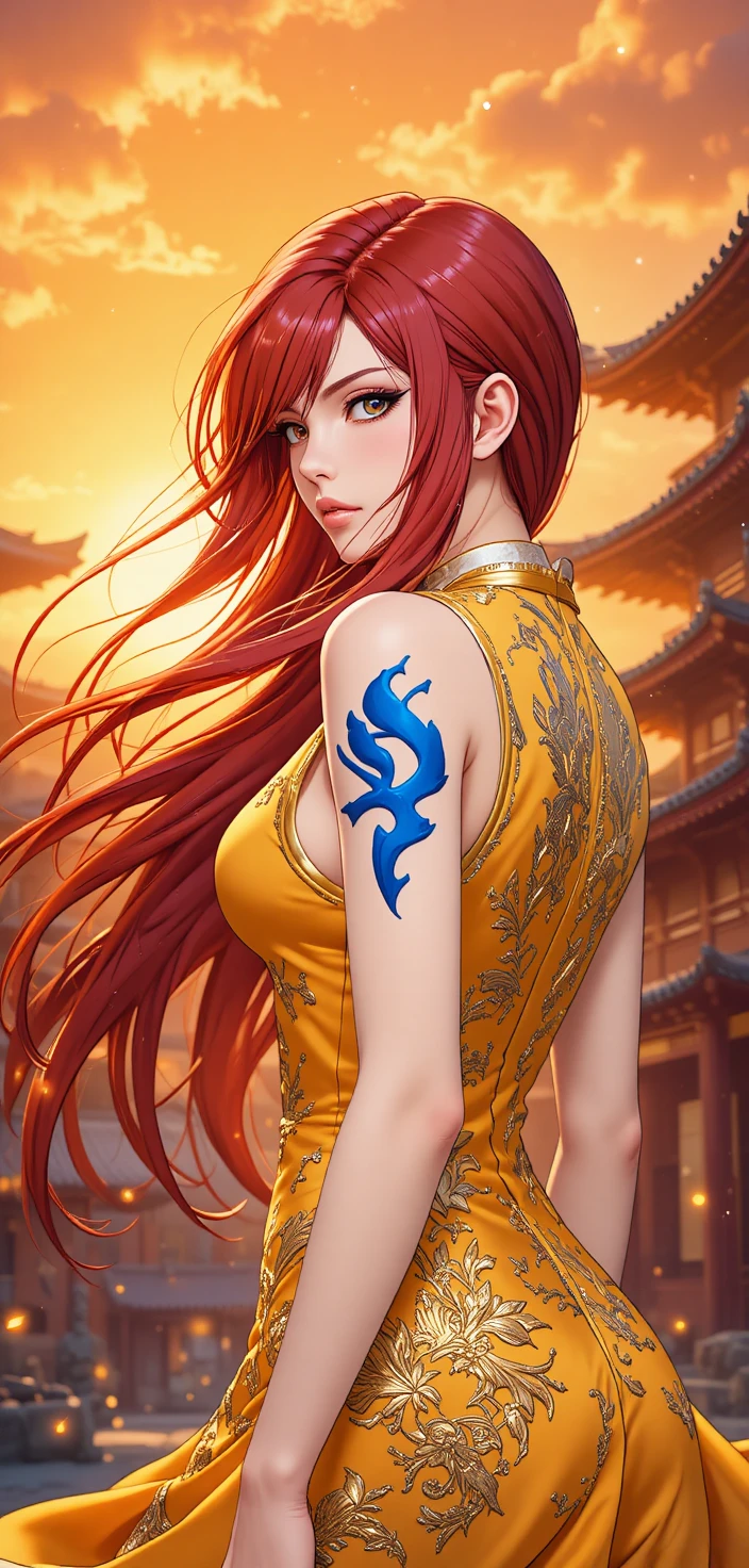 Anime warrior woman over the shoulder at sunset street