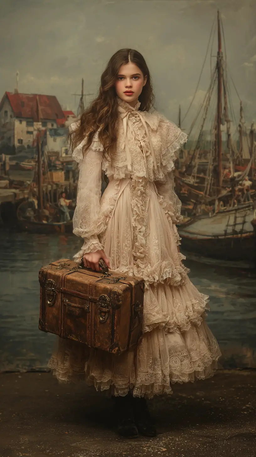 Victorian woman with suitcase at a quiet seaside harbor