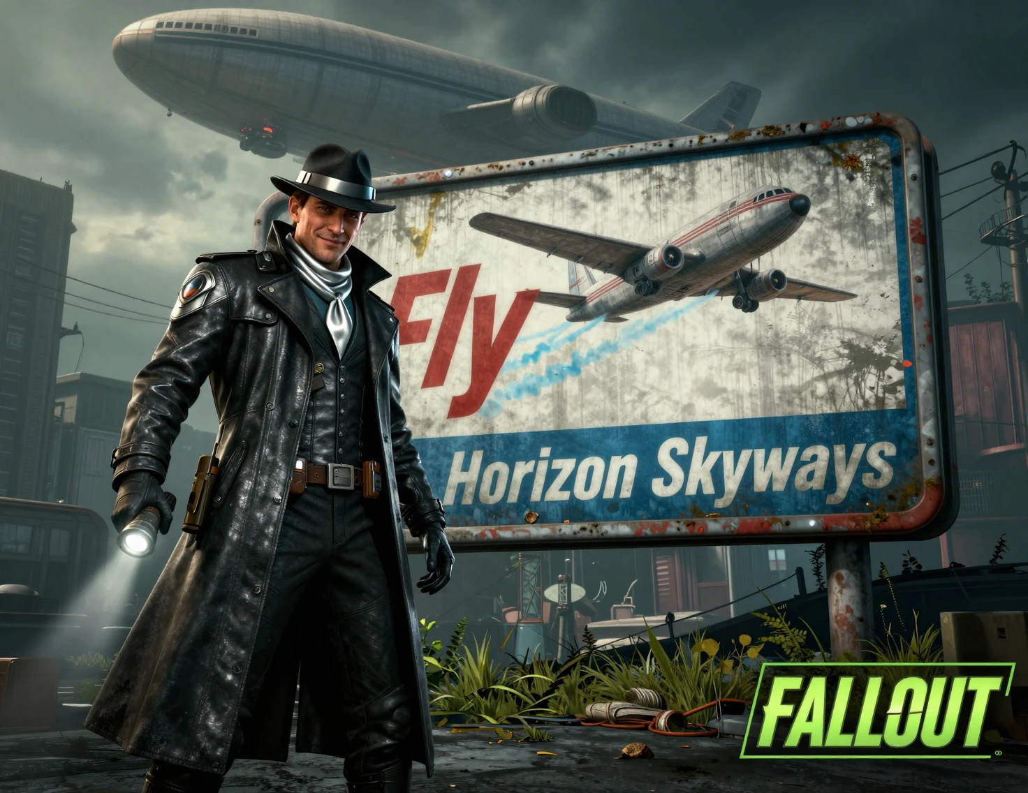 Smiling sci fi detective beside a worn retro flight billboard